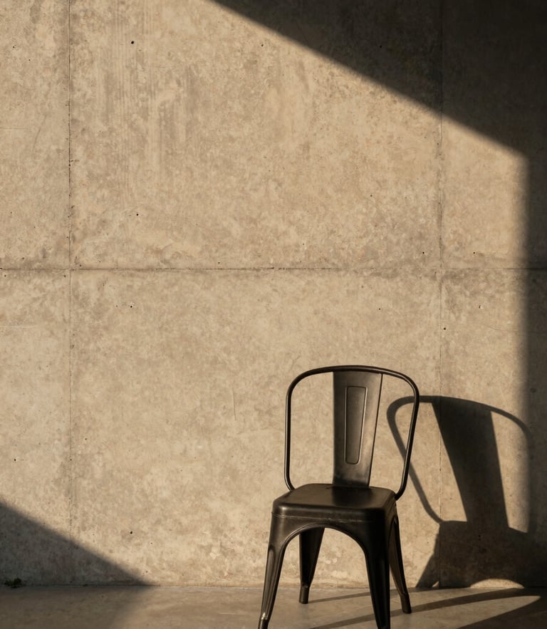 Straight-on elevation of a minimalist concrete wall with raw grain textures, a single black steel chair placed to the side, dramatic geometric shadows from natural golden hour light, high-contrast chiaroscuro.