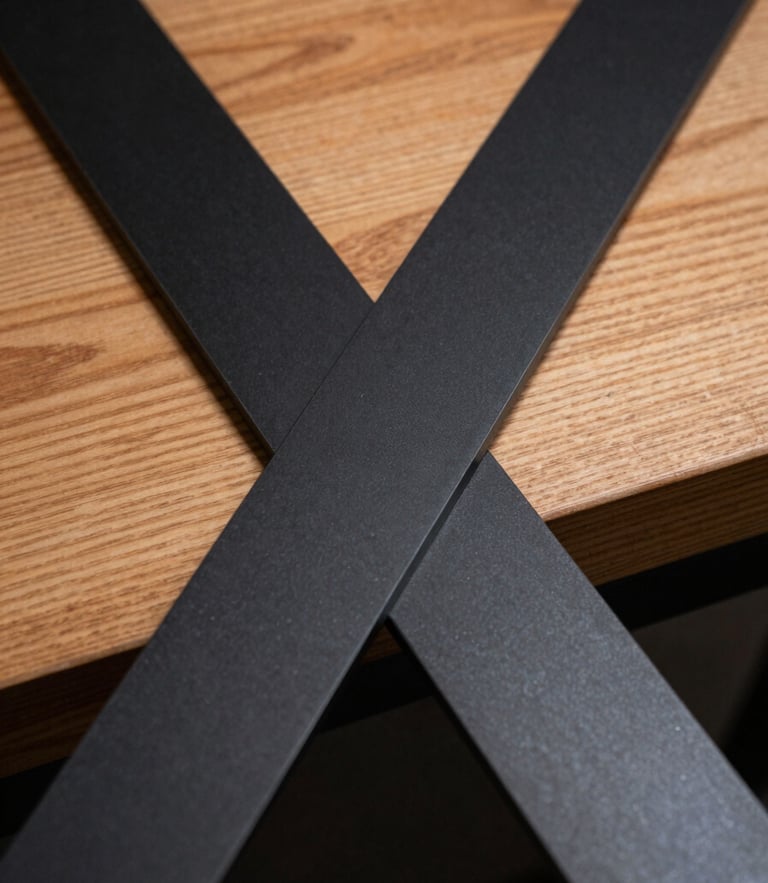 Close-up of matte black steel intersecting with warm timber grain, soft natural light highlighting the texture.