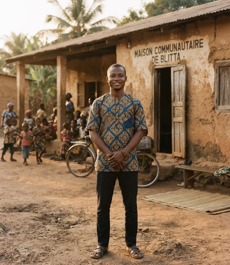 Environmental portrait of a young Togolese community leader standing in front of a local meeting hall in Blitta, warm West African golden hour sunlight, 35mm lens