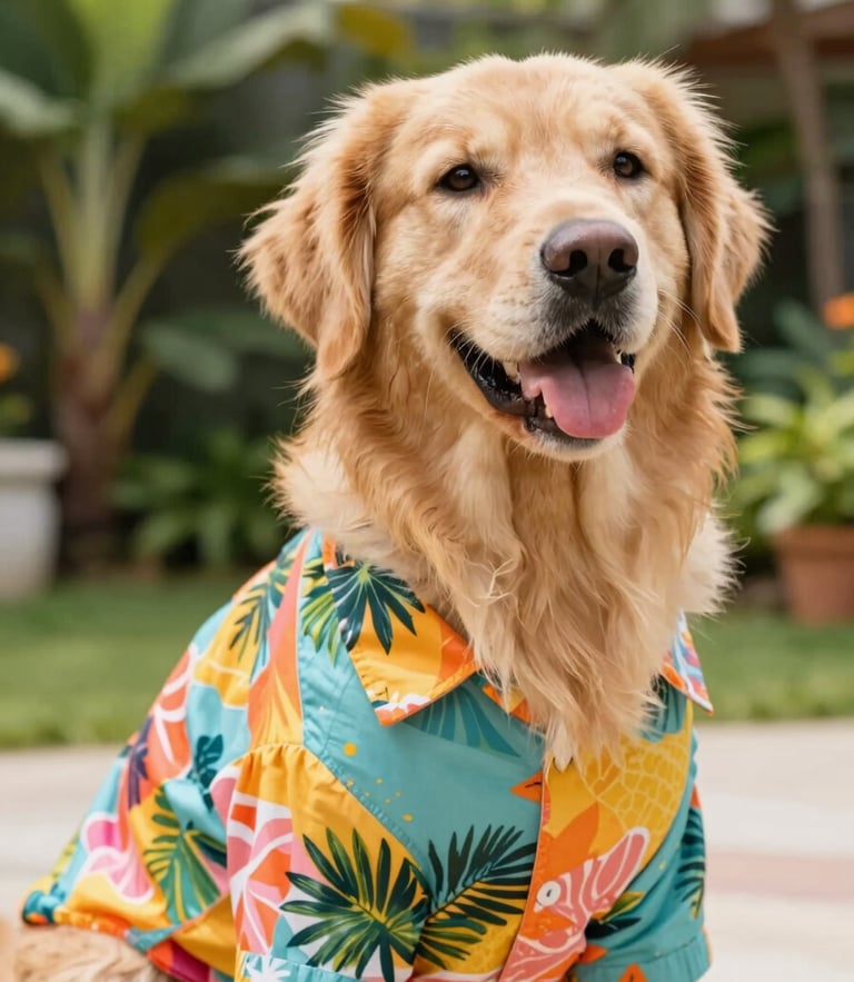 Vibrant eye-level pet portrait of a happy golden retriever wearing a colorful handmade tropical shirt, warm natural daylight, bright cheerful tones, outdoor garden background