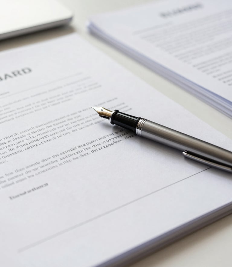 Close-up of organized physical documents on a clean desk, a modern fountain pen resting on a signed contract, bright daylight, professional corporate atmosphere.