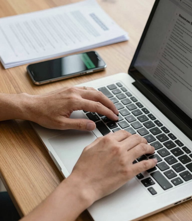 Close-up of hands typing on a laptop next to a smartphone showing a secure chat, organized physical documents with official stamps on a clean wooden desk, bright natural daylight.