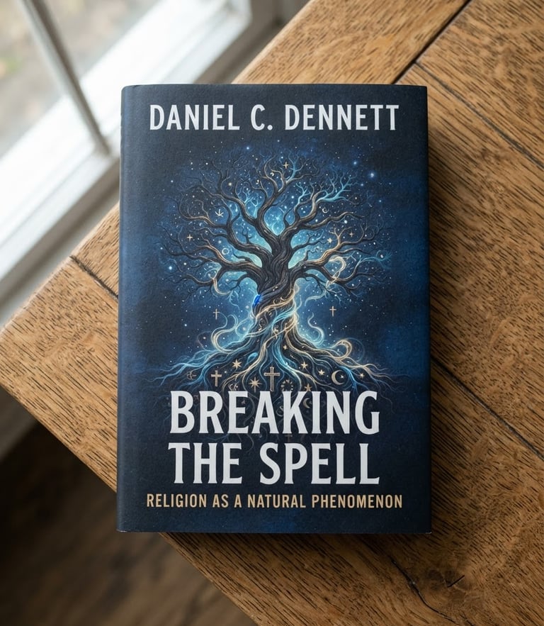 A clean, high-contrast scan of the book cover of Breaking the Spell by Daniel Dennett, resting on a textured oak table under soft window light