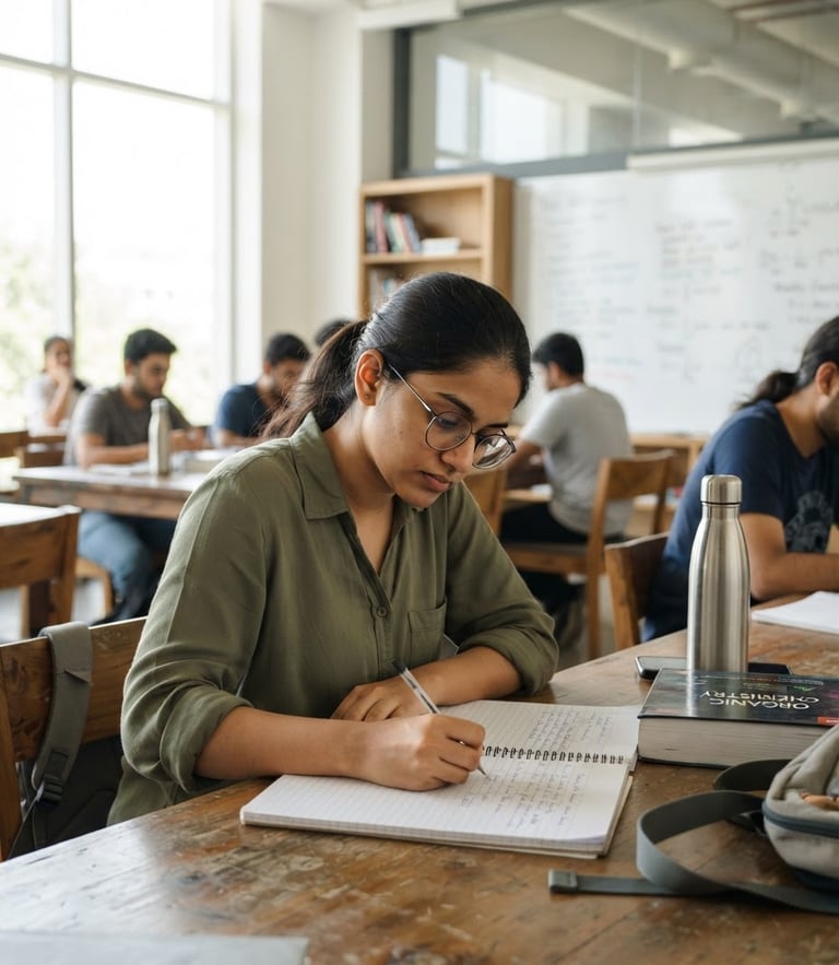 Bright editorial photograph of a focused Indian student in a modern classroom, natural daylight, sharp focus, medium depth of field.