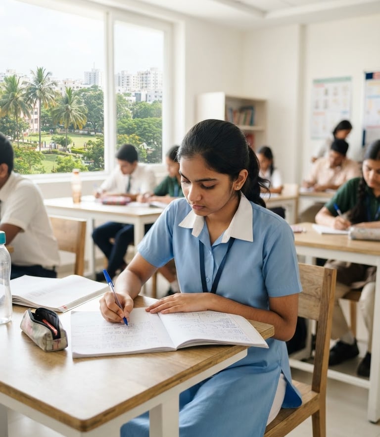 Bright editorial photography of a focused student writing in a clean, modern Hyderabad classroom under natural daylight, sharp focus.
