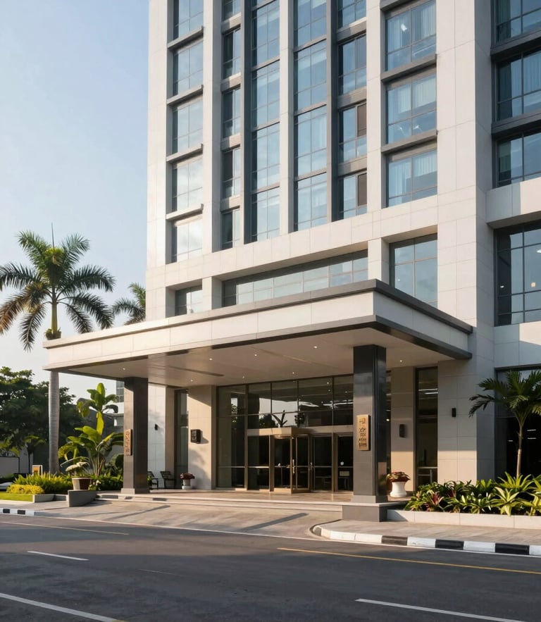 Wide environmental shot of a modern professional office building entrance in Timika under bright morning daylight, clean architectural lines, tropical trees in the background.