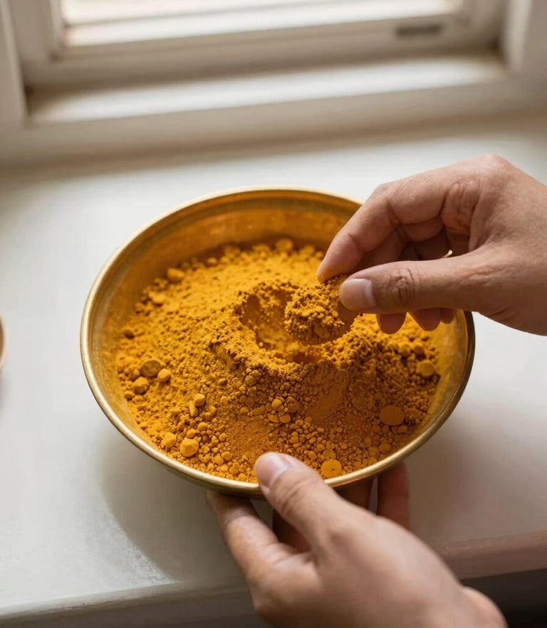 Hands measuring golden turmeric powder into a traditional brass bowl, soft warm window light, 35mm