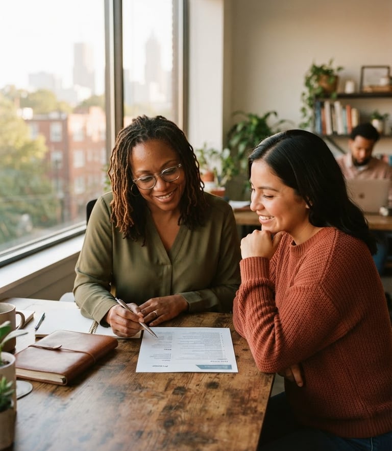 A collaborative career coaching session in Atlanta, Georgia. A housing counselor and a client review a resume together under warm natural window light, looking focused and hopeful.