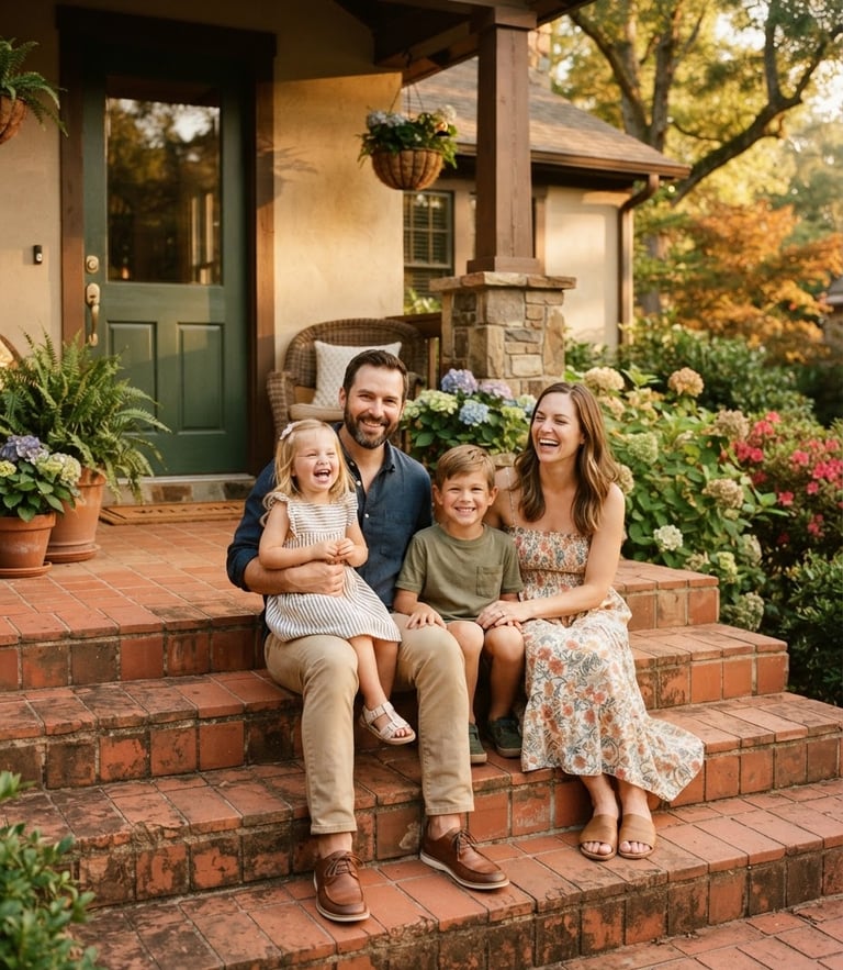 A warm environmental portrait of a family sitting together on the front steps of their new Georgia home, golden hour light, rich terracotta tones, authentic 35mm film look