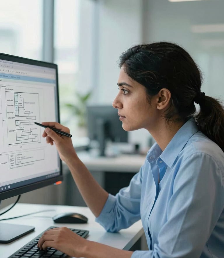 Medium close-up of a female Indian software architect analyzing system schematics on a monitor in a bright, modern Bengaluru office, natural daylight, cool blue accents.