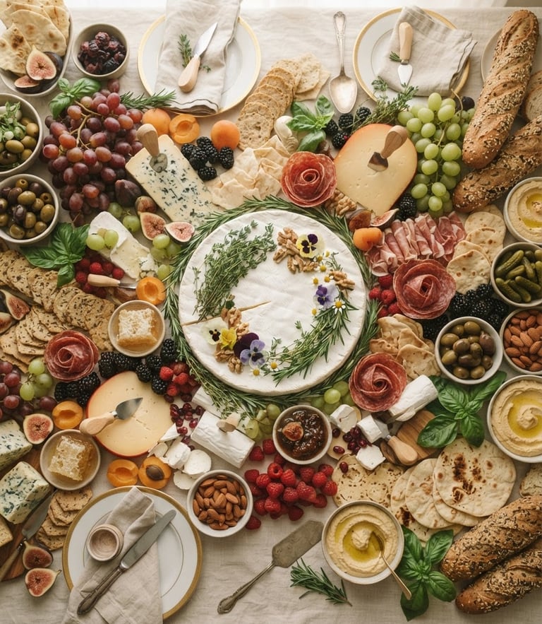 Overhead flat-lay of a luxury grazing table, soft natural morning window light, ivory linen background, artisanal cheese wheels and fresh herbs, warm editorial photography, shallow depth of field, 35mm