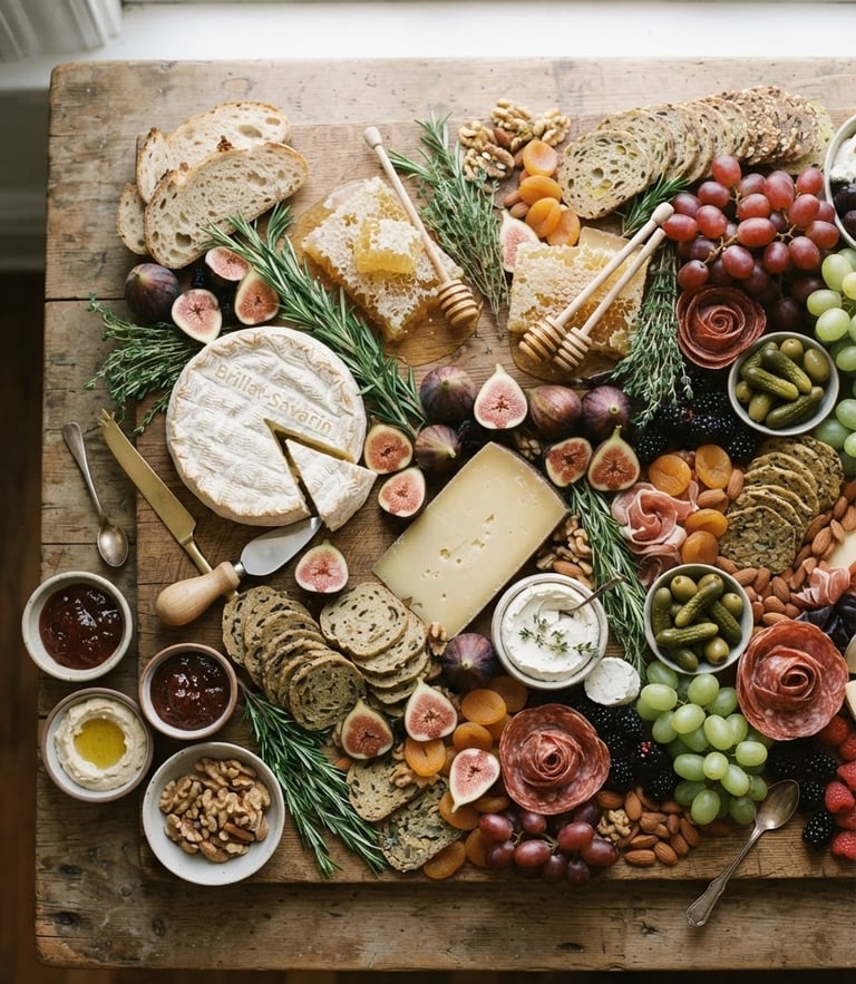Overhead flat-lay of a luxury grazing table with artisanal cheese wheels, fresh figs, honeycomb, and rosemary sprigs, soft morning window light, 35mm photography