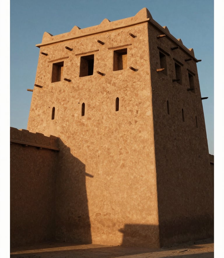 Architectural elevation of a traditional Omani mudbrick fortress at golden hour, deep shadows, high-contrast, editorial 35mm photography
