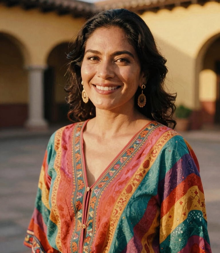 Warm editorial fashion portrait of a Mexican woman smiling in a sun-drenched courtyard, wearing a colorful flowing blouse, golden hour natural light, 35mm film look