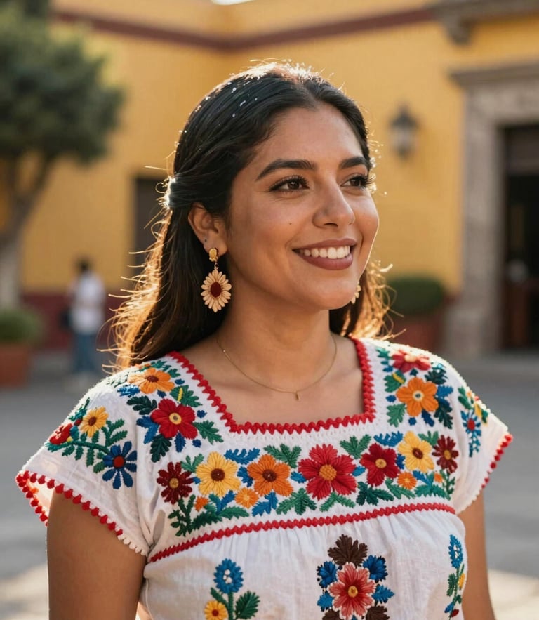 Warm portrait of a smiling Mexican woman in a sun-drenched courtyard in CDMX, wearing a vibrant embroidered blouse, golden hour light, soft depth of field.