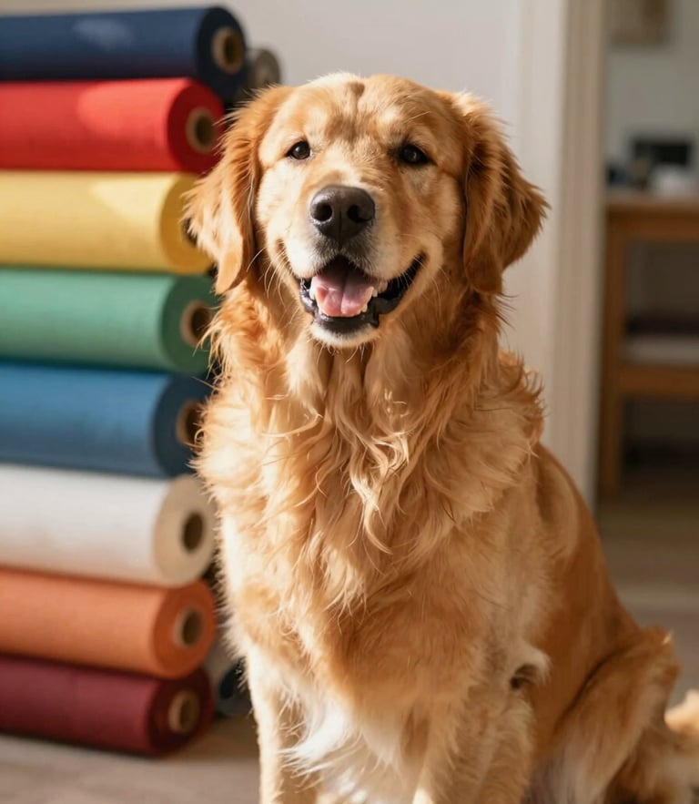 Warm golden-hour photo of a happy golden retriever sitting indoors next to rolls of colorful cotton fabrics, soft natural daylight, 35mm photography