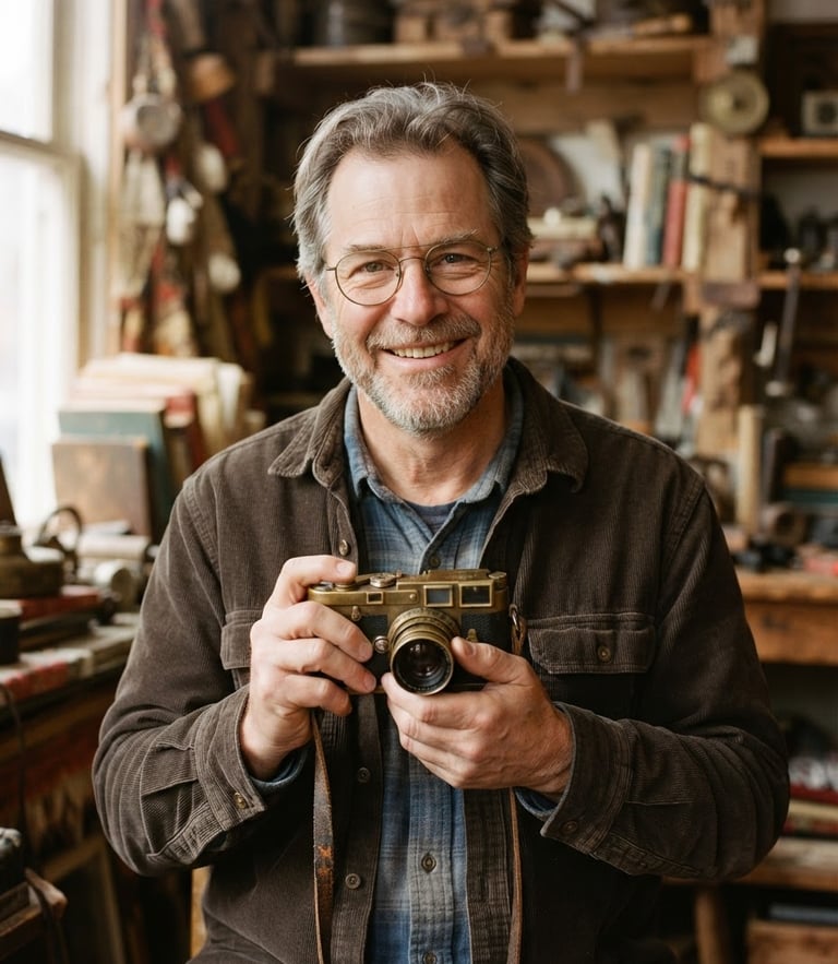 Close-up of Bill, a friendly middle-aged picker with glasses, holding a vintage brass camera, warm natural window light, neutral wooden background, 35mm lens