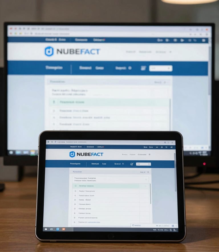 Vista frontal de dos pantallas: una tablet mostrando la interfaz web de NUBEFACT Cloud y un monitor industrial mostrando la base de datos local de NUBEFACT Enterprise con transacciones en dólares.