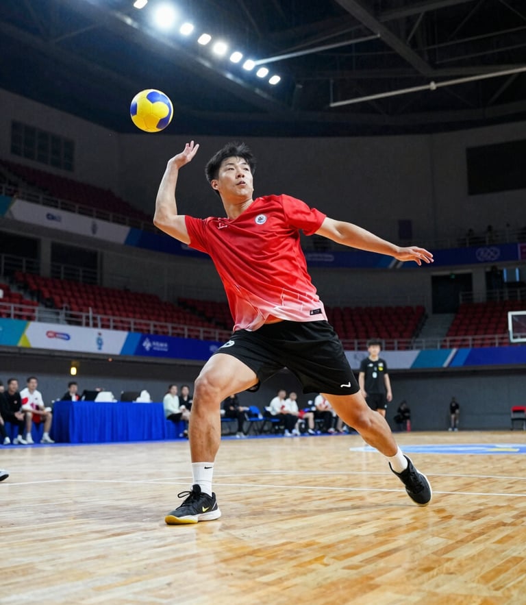 Dynamic low-angle action shot of a dodgeball player mid-throw in an intense indoor sports arena, high-contrast spotlighting, motion blur on the ball