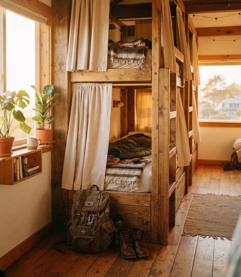 Warm sunlit interior of a cozy hostel dorm, golden hour light, privacy curtains drawn on wooden bunk beds, canvas backpack on the floor, 35mm film style.