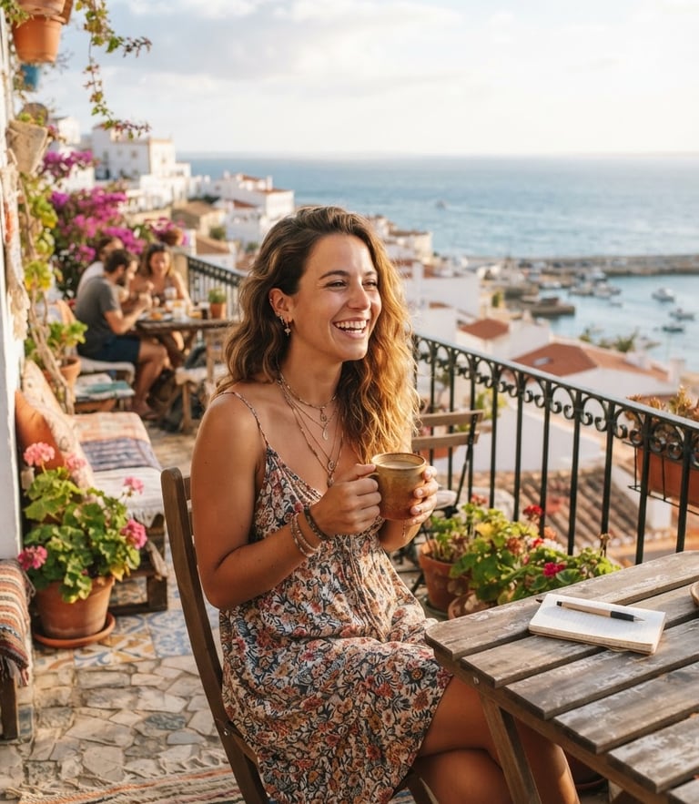 Uma jovem viajante sorridente sentada na varanda ensolarada do hostel, segurando uma xícara de café, luz dourada da manhã, atmosfera acolhedora e brisa do mar.