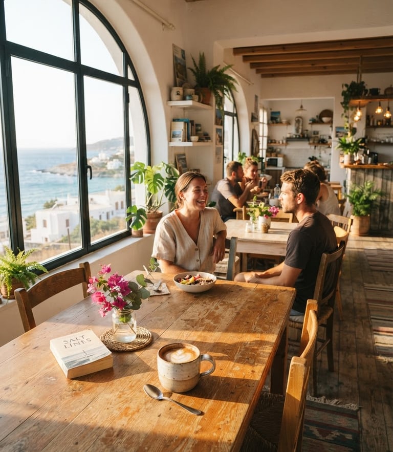 Warm sun-drenched coastal hostel interior, a wooden dining table with fresh coffee, natural daylight pouring through large windows, 35mm film style