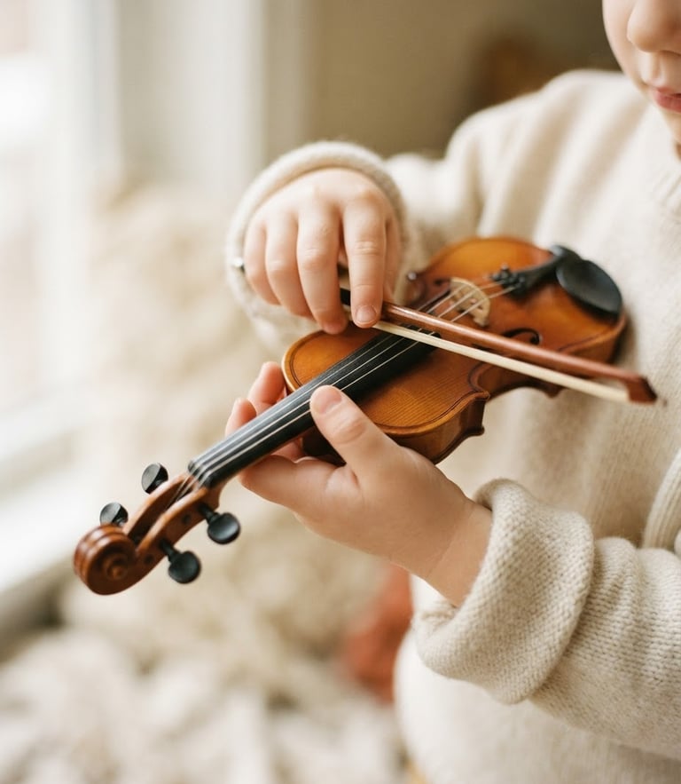 Close-up of small child hands holding a tiny 1/16 size wooden violin, warm natural window light, soft cream background, shallow depth of field