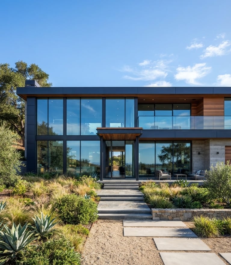 Bright architectural wide shot of a modern home facade with large glass panels reflecting clean blue sky, morning daylight, sharp focus, 35mm