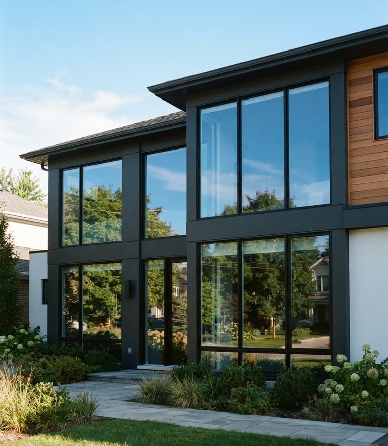 A beautiful modern suburban home bathed in crisp morning daylight, focusing on sparkling clean architectural glass windows reflecting a clear blue sky, 35mm