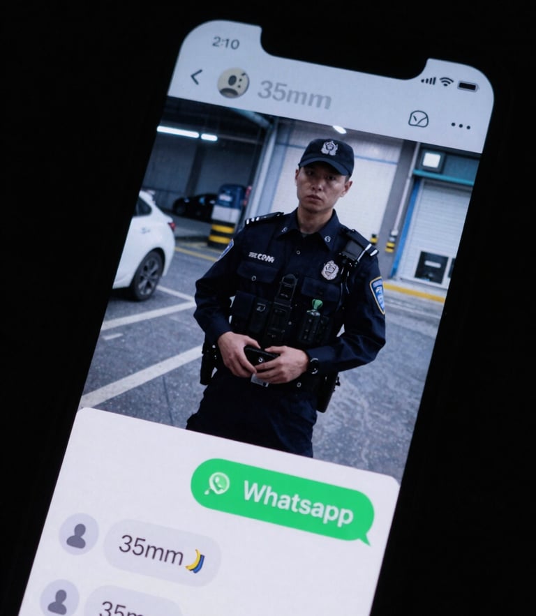 Close-up of a smartphone screen glowing in a dark room, displaying a WhatsApp chat with a 30-second video of a security guard on duty, cool low-light tones, 35mm.