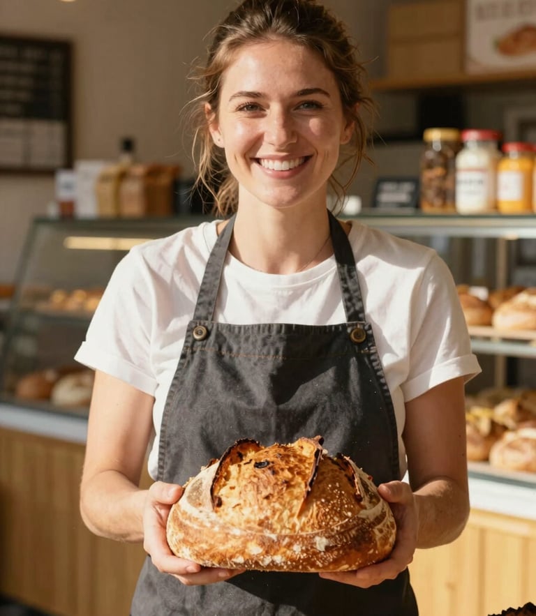 Portrait of a smiling local bakery owner in her shop, warm golden hour light, hands holding a fresh loaf of sourdough bread, 35mm lens