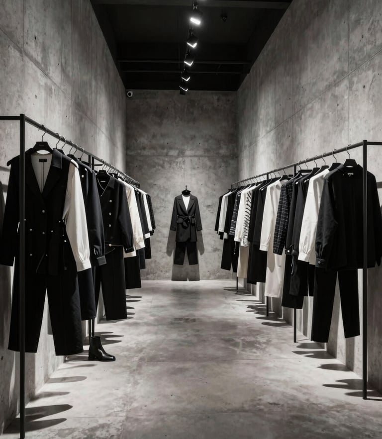 Dynamic low-angle shot of a modern minimalist fashion showroom in Merter, concrete walls, high-contrast studio lighting casting dramatic industrial shadows on racks of contemporary women's apparel.