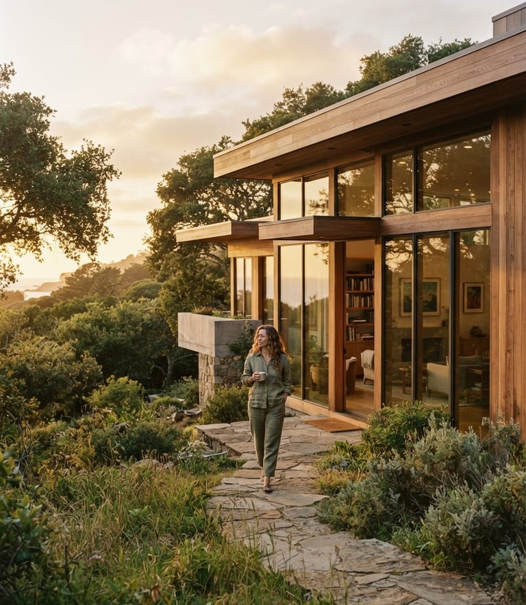 Warm editorial portrait photography of a modern architectural home integrated with nature, soft golden-hour light, 35mm lens.