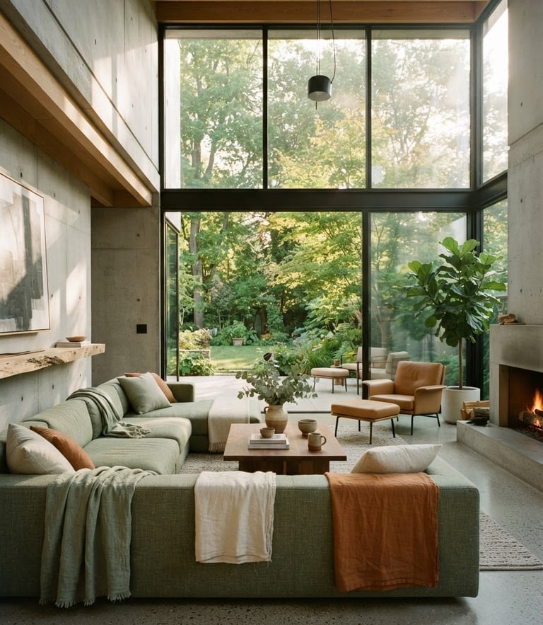 A bright sunlit modern living room with high ceilings, concrete and warm wood textures, large glass windows showing a lush green garden with tall trees, soft morning light, architectural scale, 35mm lens
