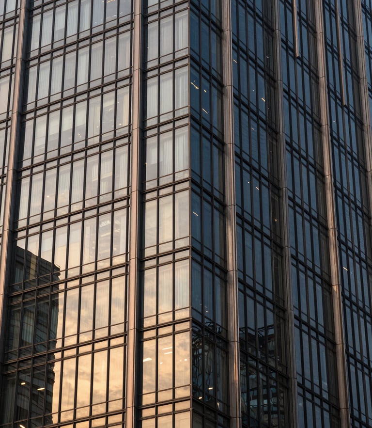 Architectural close-up of a modern glass skyscraper facade in Gurugram, high-contrast morning light reflecting off sharp steel structures.