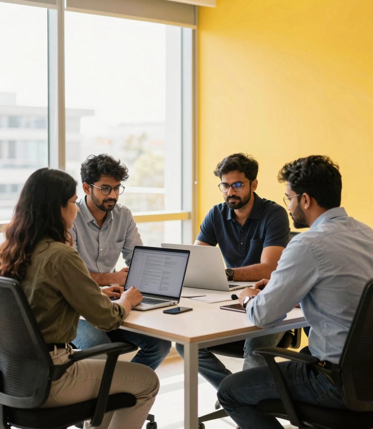 Clean commercial photography of a modern Chennai workspace, bright natural daylight, developers collaborating at a sleek table, high-contrast warm tones with yellow accents, sharp focus, 35mm lens