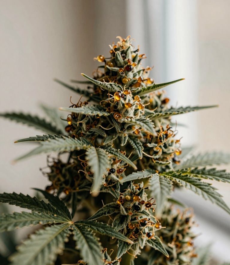 Macro photograph of clean, intact cannabis flower showing rich amber trichomes, soft natural window light, muted sage and sand tones