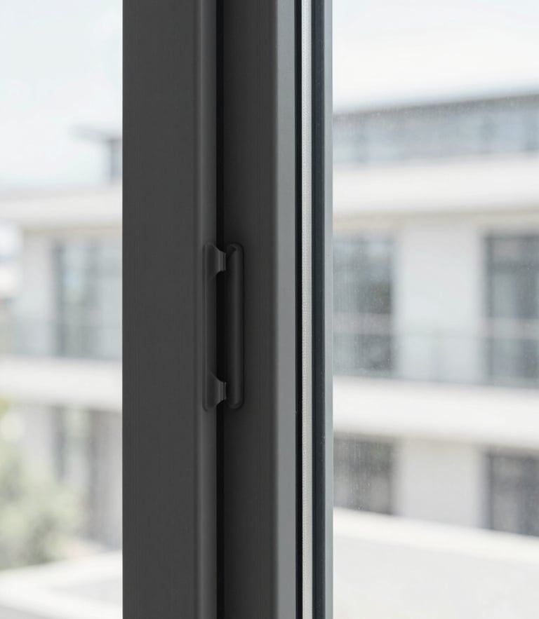 Sleek dark grey PVC window frame detail with double rubber gaskets, looking out to a soft-focus clean modern city, bright architectural daylight, cool desaturated tones, sharp focus, 35mm