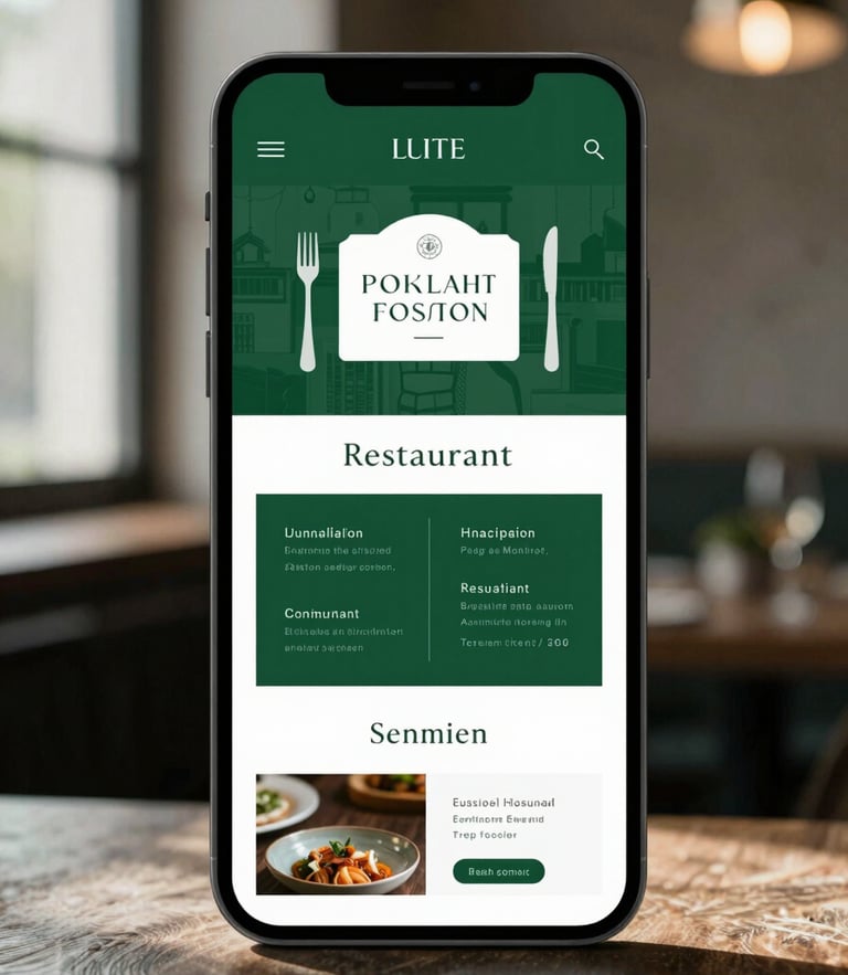Straight-on device mockup of a luxury restaurant website on a mobile screen, deep emerald green accents, soft natural shadow, high contrast