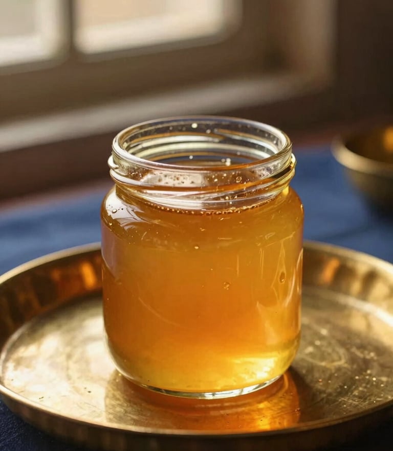 Close-up of a glowing amber glass jar of ghee resting on a traditional brass thali, warm golden-hour light filtering through a window, shallow depth of field.