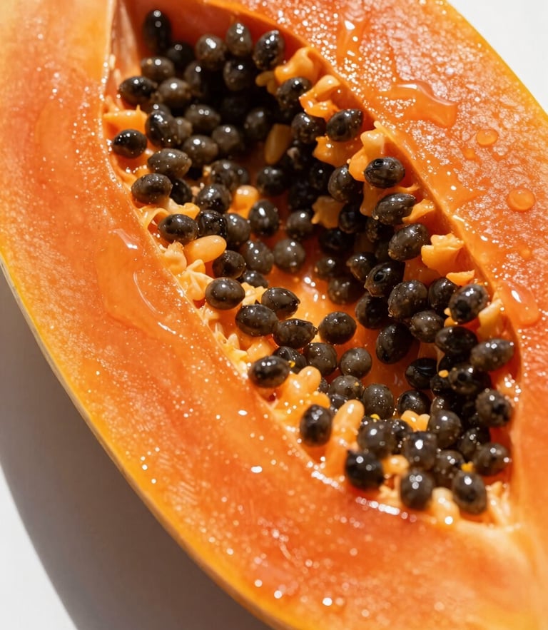 Macro close-up of a sliced ripe papaya glistening with moisture, vibrant orange flesh, black seeds, bright direct South Florida sunlight, clean white background
