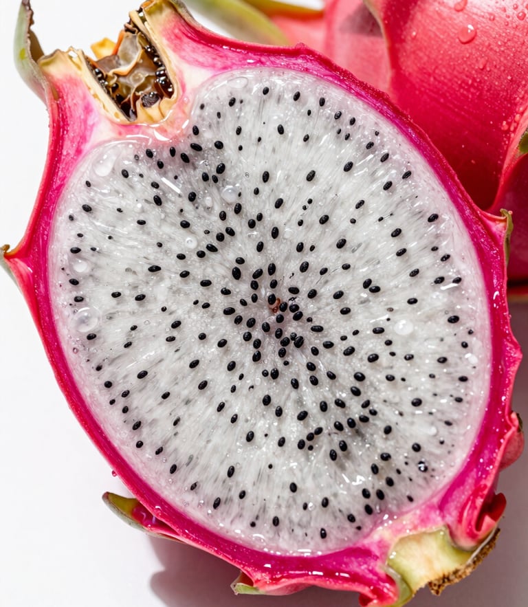 Macro close-up of vibrant red dragon fruit sliced open, glistening with moisture under bright direct South Florida sunlight, sharp clean shadows, rich saturated tropical colors