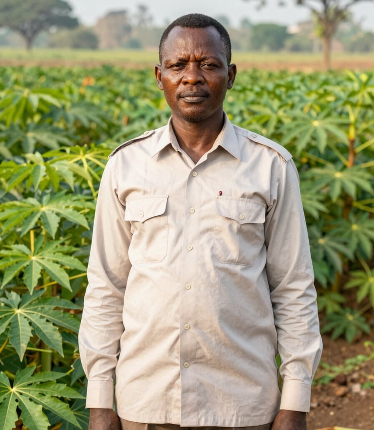 Portrait of a proud Congolese civil servant in a clean light-colored shirt standing in a lush green cassava field under soft morning daylight, medium shot