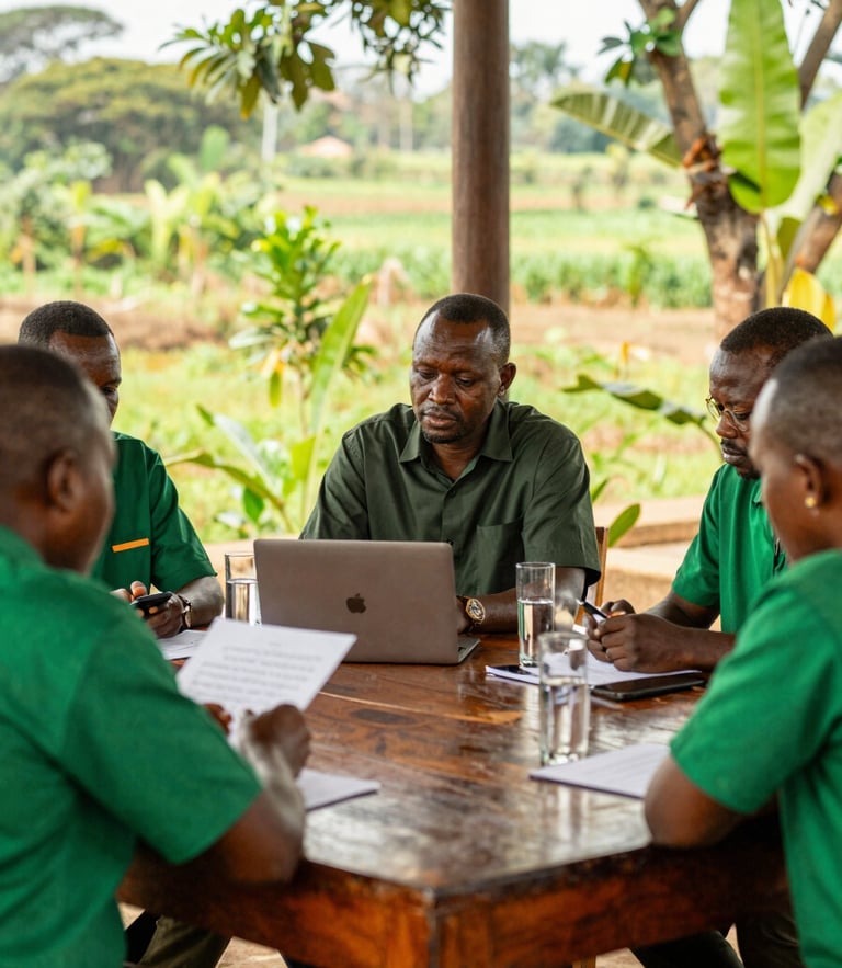 Warm editorial medium format photography of a professional administrative meeting of cooperative leaders in Kinshasa, natural light, rich wood and deep green tones