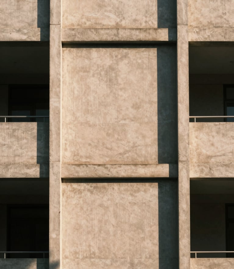 Straight-on architectural shot of a concrete building facade with sharp geometric shadows, minimalist composition, warm sand tone, 35mm
