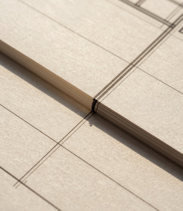 Architectural design blueprint showing precise geometric grid lines, extreme close-up on heavy textured paper, sharp shadows under direct sunlight, minimalist composition