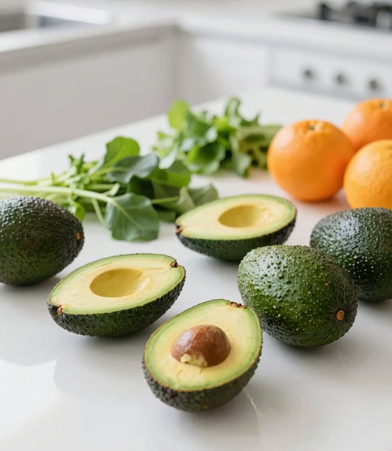 Bright editorial food photography of fresh avocados, leafy greens, and citrus fruits on a clean white kitchen counter, soft natural daylight, vibrant greens, 50mm lens