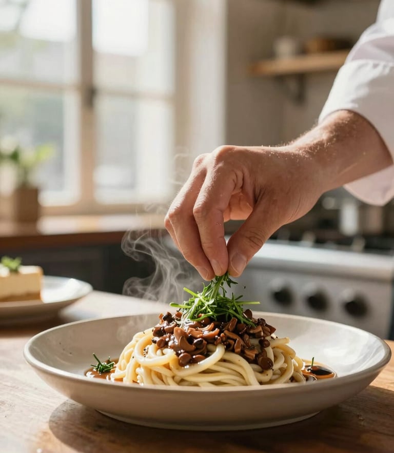 Warm editorial food photography of a chef's hands carefully placing fresh herbs on a steaming dish in a clean, sunlit cafe kitchen, soft background