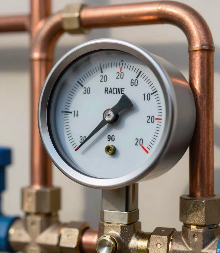 High-contrast macro shot of a modern HVAC manifold gauge, crisp digital readout displaying pressure metrics, copper lines with immaculate 90-degree bends in the background, sharp natural daylight.