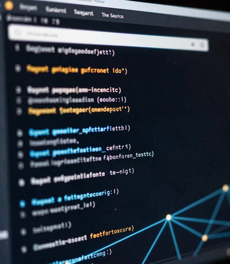 Clean UI screenshot of a command-line interface showing search queries and data nodes, dark technical photography, low-key neon blue and amber highlights